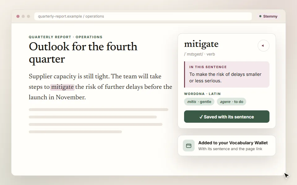 Illustration: the word mitigate highlighted in a report, with a Ghost Card showing its meaning in that sentence, its Latin roots and a play button for pronunciation.
