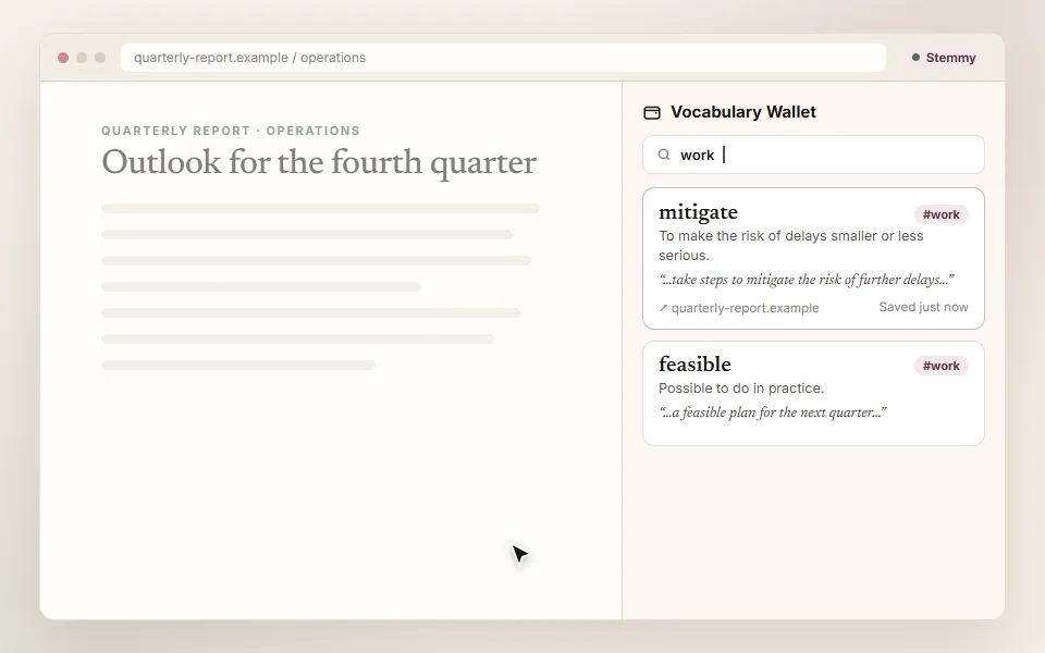 Illustration: the Vocabulary Wallet side panel with mitigate saved at the top, its sentence and source page, a category label and a search for work.
