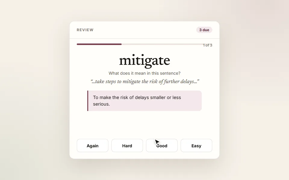 Illustration: a review card for mitigate, the answer revealed, and the Again, Hard, Good and Easy buttons with Good selected before the next card slides in.