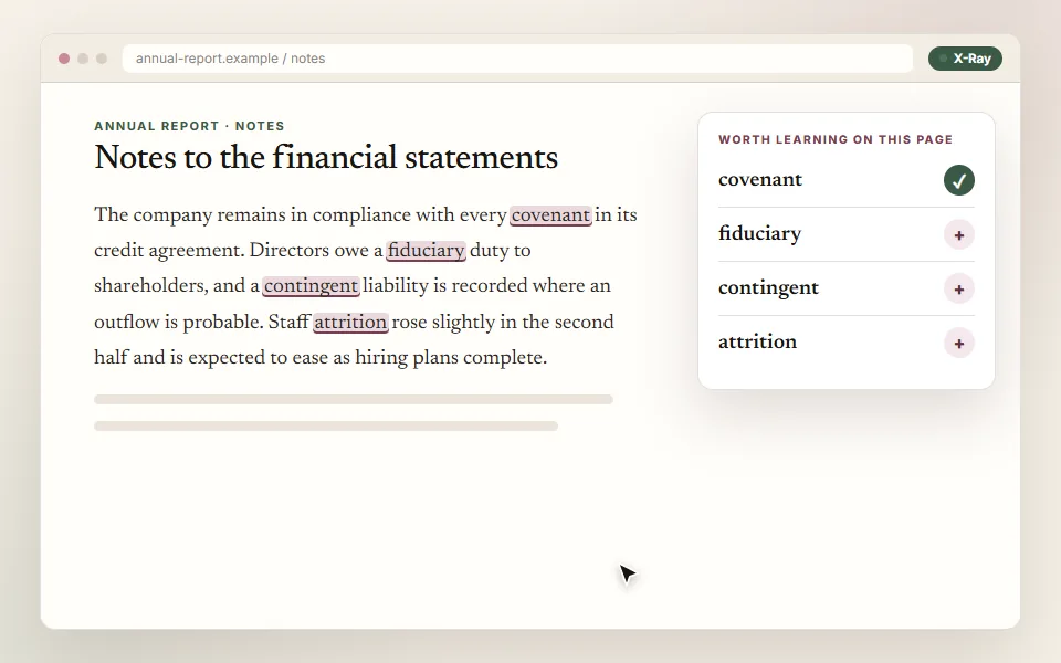 Illustration: X-Ray scanning a dense article and highlighting fiduciary, contingent, attrition and covenant, listed in a panel of words worth learning.